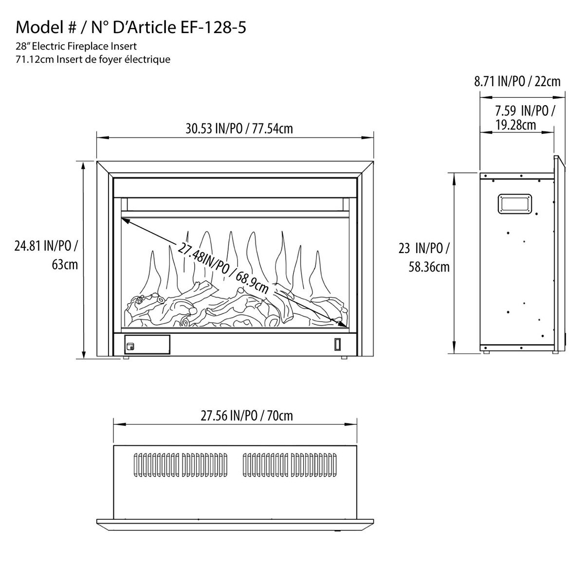 28 inch electric fireplace insert