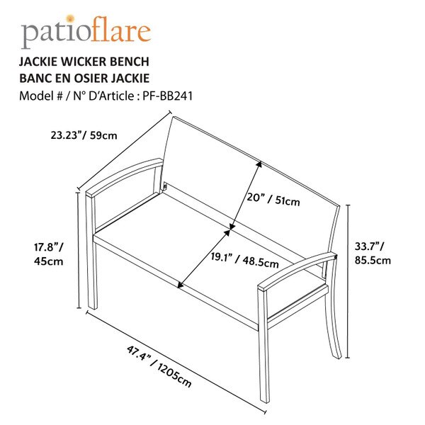 Patio Flare Jackie KD Outdoor Wicker Bench - Black - 47-in